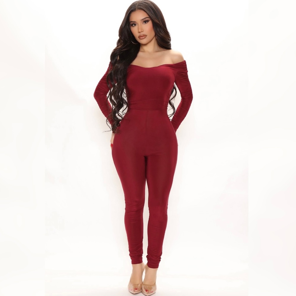 Burgundy off the shoulder jumpsuit